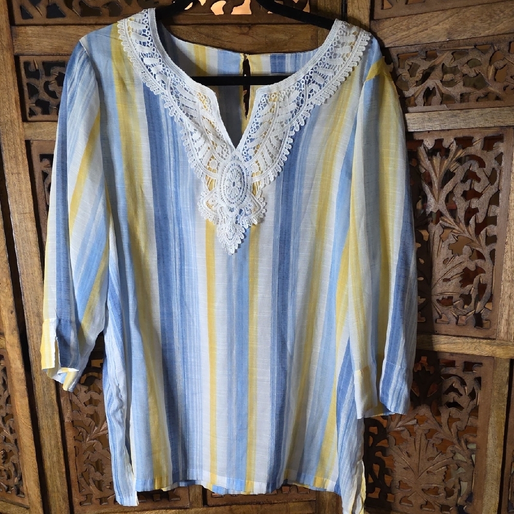 🌟 Alfred Dunner Blue and Yellow Striped Lace Blouse